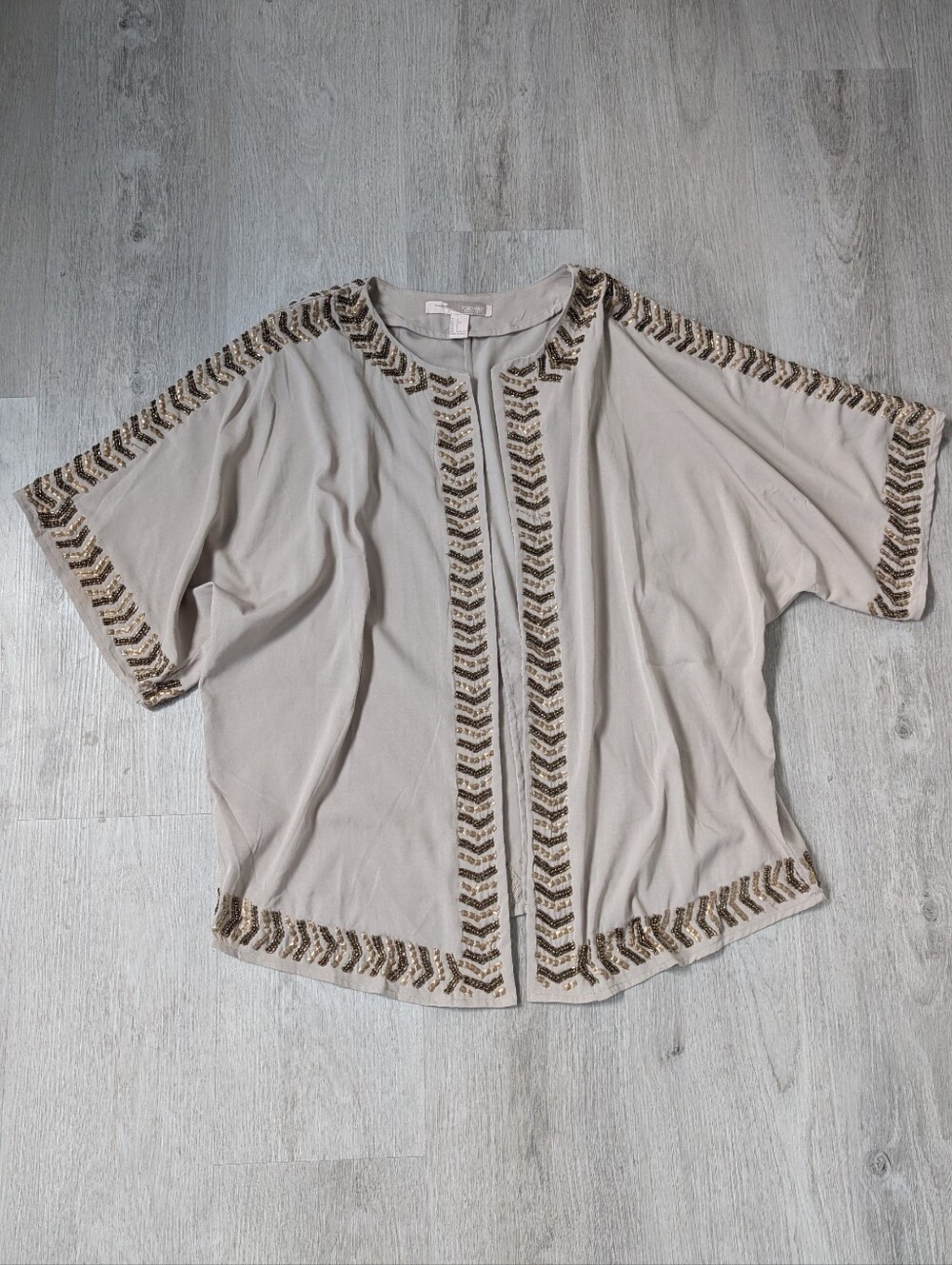 Forever 21 Boho Taupe Chevron Beaded Trim Open Front 3/4 Sleeve Kimono Jacket L - Picture 2 of 12